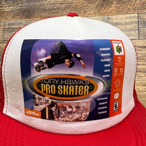 Retro N64 Tony Hawk Mens Trucker Hat Red Snapback Skateboard Video Game Ball Cap - Picture 2 of 6